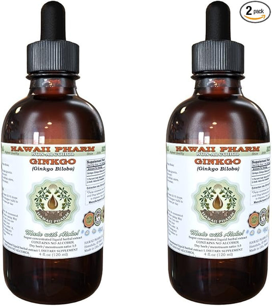 Ginkgo Alcohol-Free Liquid Extract, Organic Ginkgo (Ginkgo Biloba) Dried Leaf Glycerite Hawaii Pharm Natural Herbal Supplement 2x4 oz