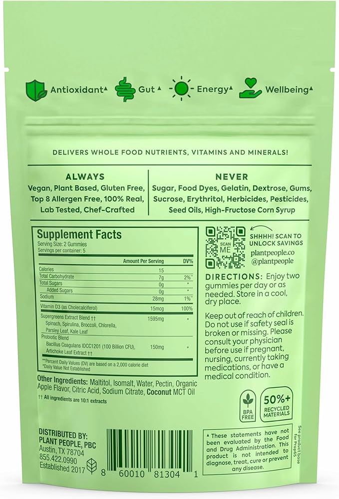 Plant People WonderGreens Veggie Gummies Super Greens with Probiotics Multivitamin Support Gummy for Wellbeing, Energy, Immune and Gut Health, Green Apple Flavor (Trial Size, 10 Count)