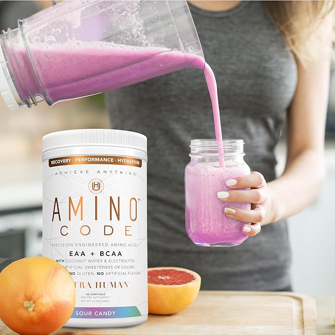 Amino Code | Essential Amino Acids + BCAAs + Coconut Water Electrolytes | Fast Hydration Workout Recovery Flavored Amino Energy Powder Drink | Clean Formula, 40 Servings - Sour Candy