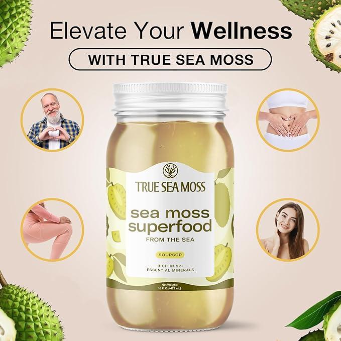 Sea Moss Gel – Made in USA – Wildcrafted Seamoss, Fresh Fruits & Sea Vegetables – Soursop, Pack of 1 (Labels may Vary)