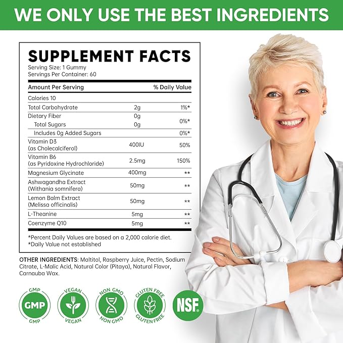 Venture Pal 60 Day Supply Magnesium Glycinate Gummies with Ashwagandha for Adults and Kids, L-Theanine, CoQ10, Sugar Free Magnesium Supplement 400mg for Calm Mood & Sleep, Gluten-Free & Vegan