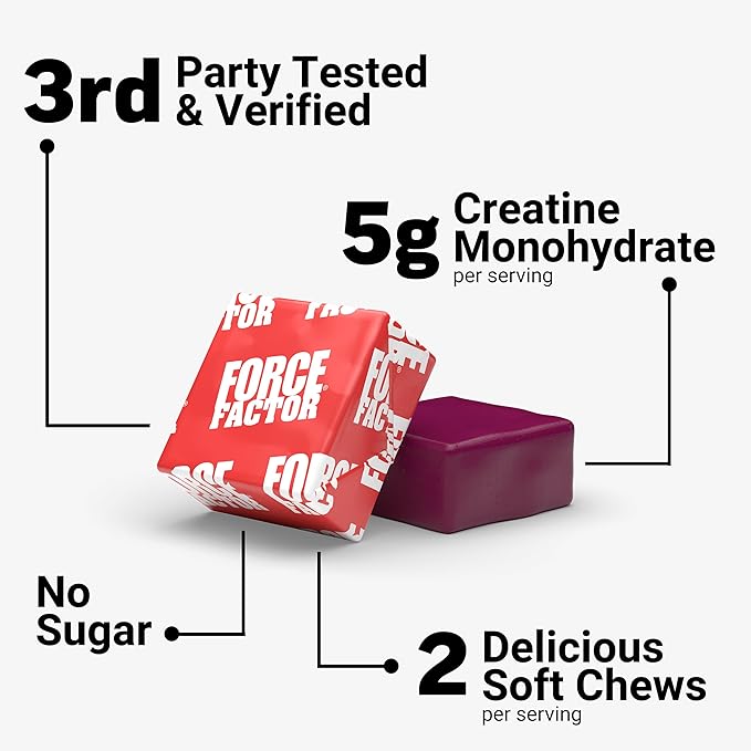 FORCE FACTOR Legendary Creatine Chews, 5g Creatine Monohydrate, Build Muscle, Improve Strength & Recovery, Support Memory & Cognitive Function, Sugar Free, Berry Blast, 60 Soft Chews