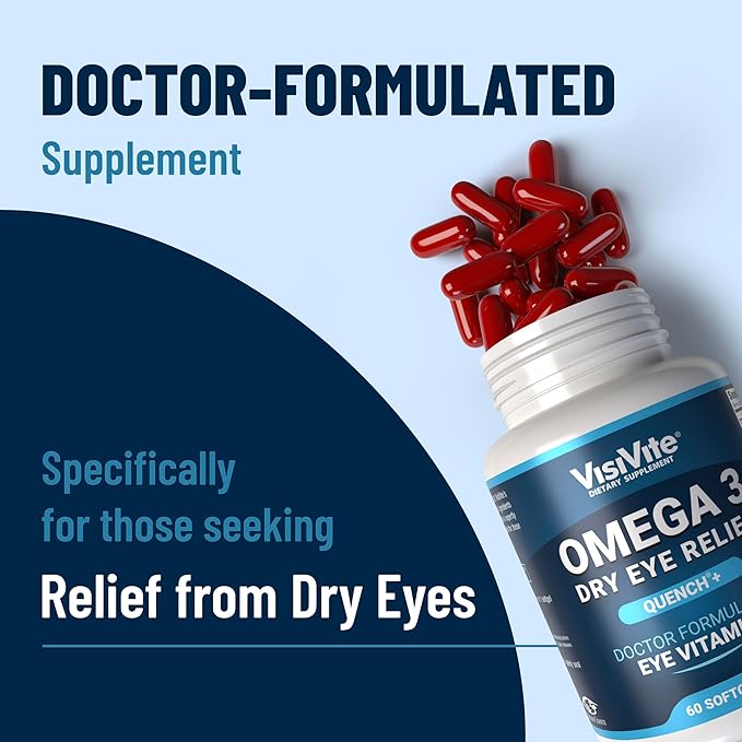 Omega 3 Dry Eye Supplements with EPA and DHA - VisiVite Dry Eye Relief Quench+ Eye Vitamins for dry eyes with Omega 3 Supplement - Dry Eye vitamins Made with Omega 3 Fish Oil - 60 Softgels.