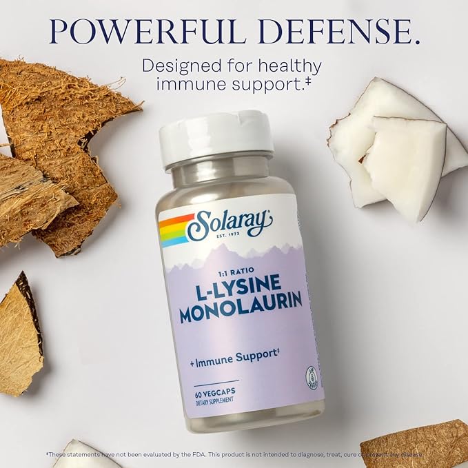 SOLARAY L-Lysine Monolaurin Immune Support Supplement, 1:1 Ratio for Immune System Function, 500 mg Each, 60-Day Money Back Guarantee, 30 Servings, 60 VegCaps