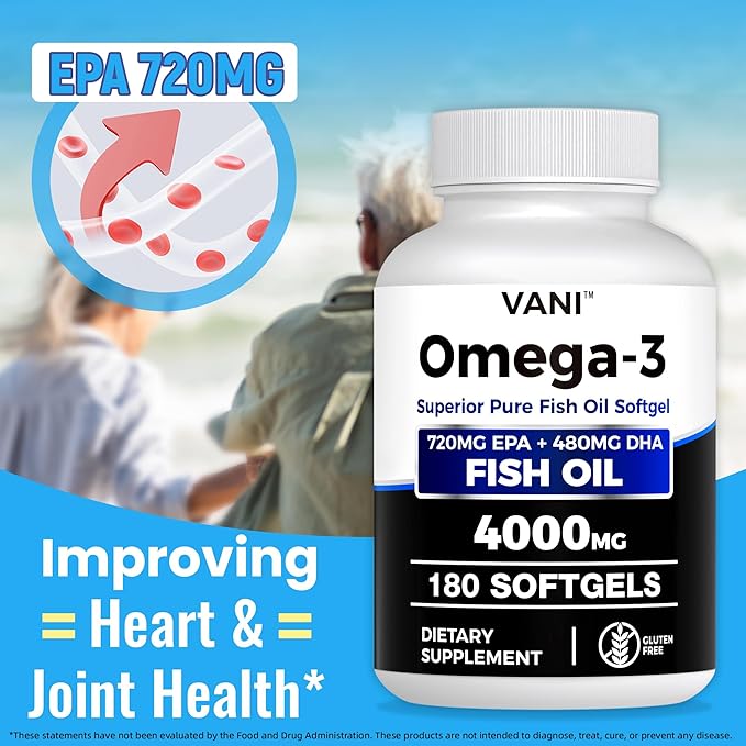 Fish Oil Omega 3 (4000mg), 180 Softgels,Omega 3 Fatty Acid Supplements with EPA & DHA for Brain & Heart Health*