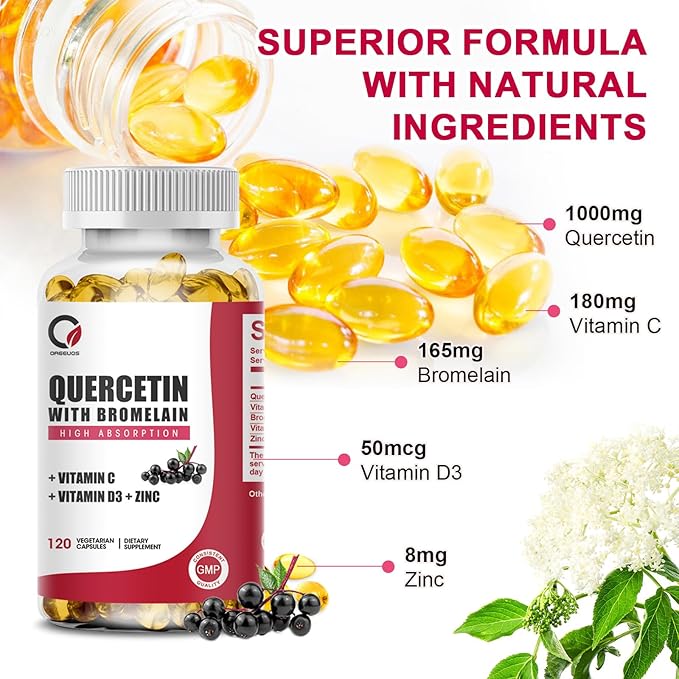 Quercetin 1000mg with Bromelain, Vitamin C & D3, Zinc, Bromelain Quercetin Supplements for Men & Women, Non-GMO & Gluten Free, 120 Capsules
