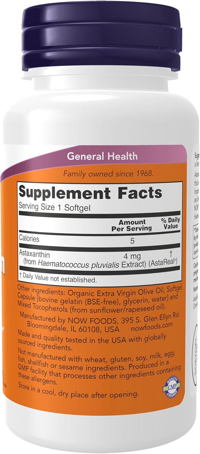NOW Foods Supplements, Astaxanthin 4 mg derived from Non-GMO Haematococcus Pluvialis Microalgae and has naturally occurring Lutein, Canthaxanthin and Beta-Carotene, 90 Softgels