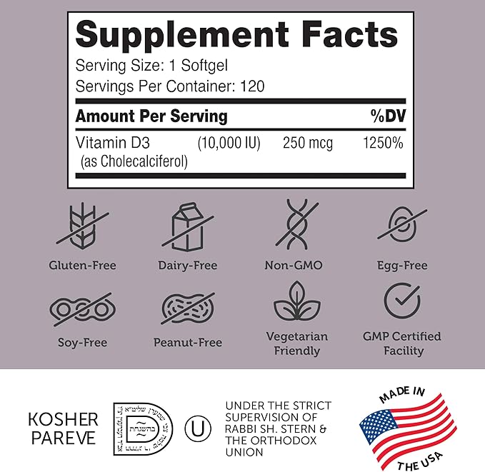 Zahler - Advanced Vitamin D3 10,000 IU Softgels (120 Count) Kosher Vegetarian Friendly Vitamin D for Immune Support, Bone, Teeth & Muscle Health - Daily D3 Vitamin Supplement for Adults - Easy Swallow
