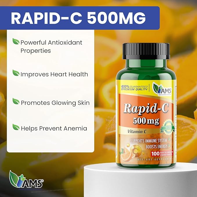 America Medic & Science Rapid-C 500mg Vitamin C Supplement (3 Pack of 100 Tablets) Energy Booster, Daily Immune System Support, Antioxidant | Vegan, Non-GMO Coated Ascorbic Acid for Adult Men & Women