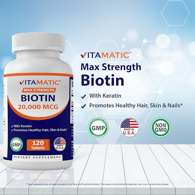 Vitamatic High Potency Biotin 20000 mcg (20mg) with Keratin 100mg - 120 Vegetarian Tablets - Biotin Supplements for Healthy Hair Skin & Nails for Adults (120 Count (Pack of 1))