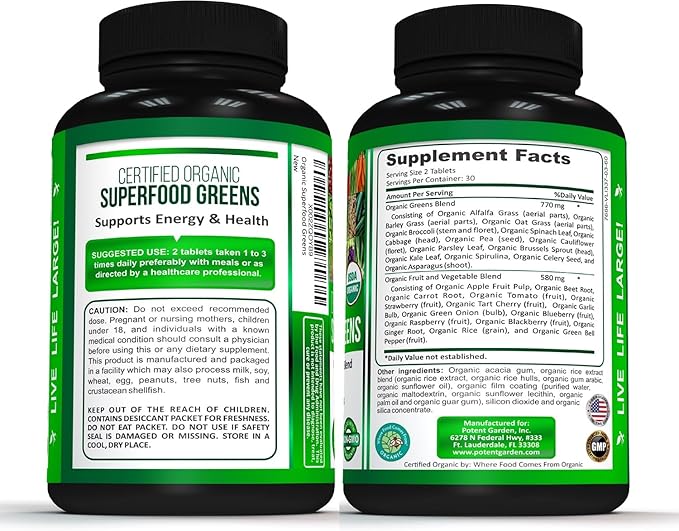 Potent Garden Organic Superfood Greens, Fruit and Veggies Supplement Rich in Vitamins & Antioxidants with Alfalfa, Beet Root & Tart Cherry to Boost Energy, Immunity & Gut Health, Greens Tablets 60 Ct