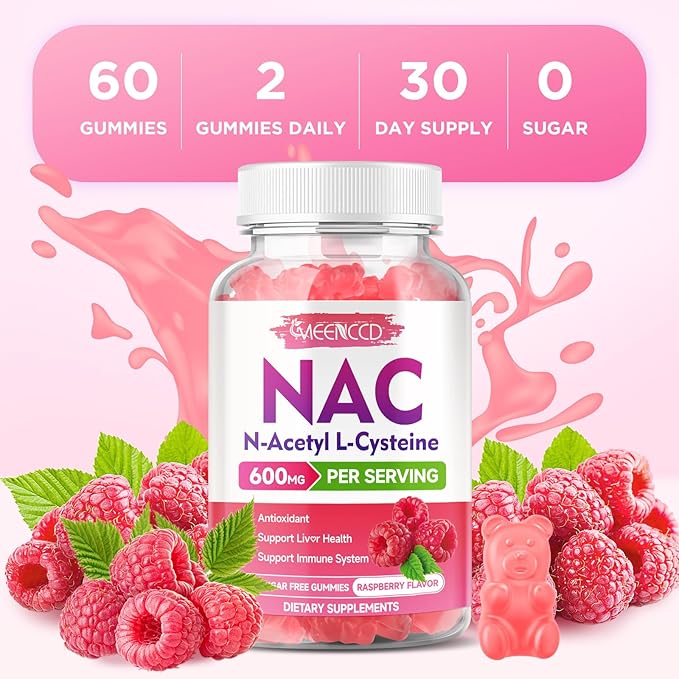 2 Pack NAC Gummies, N Acetyl Cysteine 600mg NAC Supplement for Antioxidants & Immune Support, Lung & Liver Health, Sugar-Free, Raspberry Flavor, 120 Count