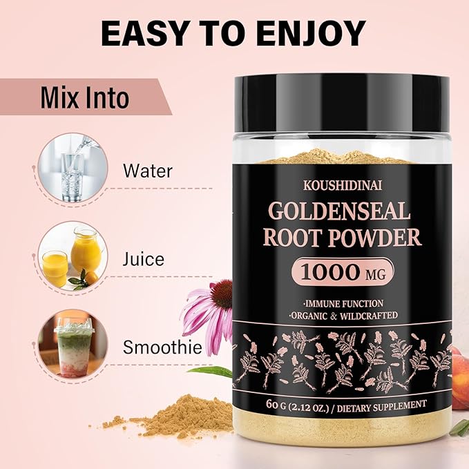 Goldenseal Root Powder Organic Supplement 1000 mg, Goldenseal Powder Supplement with Echinacea & Goldenseal for Immune & Gut Health, Pure & Natural(60 servings per bottle)