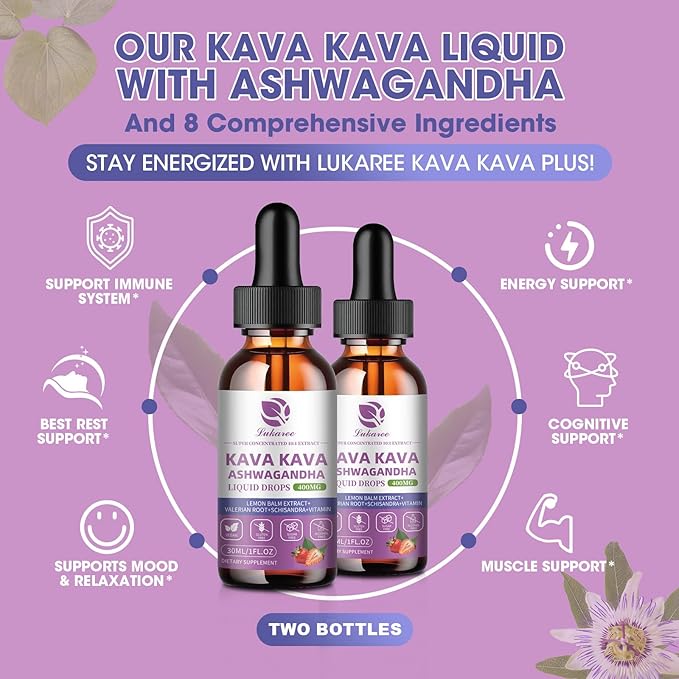 (2 pack) Kava Kava Root Extract Supplement - Calming High Concentration Kava w/ Ashwagandha, Lemon Balm, Valerian Root for Relaxation, Liver, Cognitive Support & Immune System,Vegan, Alcohol-Free