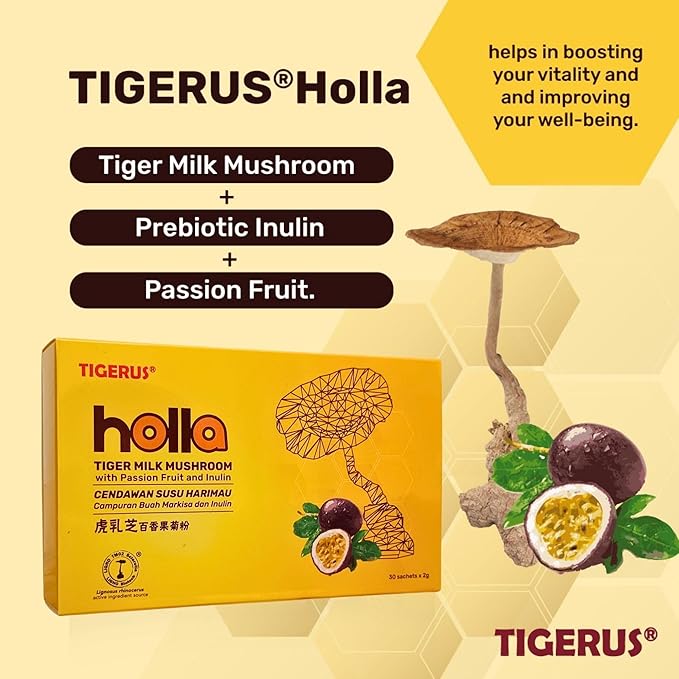 TIGERUS® Holla Tiger Milk Mushroom with Passion Fruit and Inulin - Immune Support, Digestive Health, Antioxidant Boost, Natural Wellness Supplement - 30 Sachets