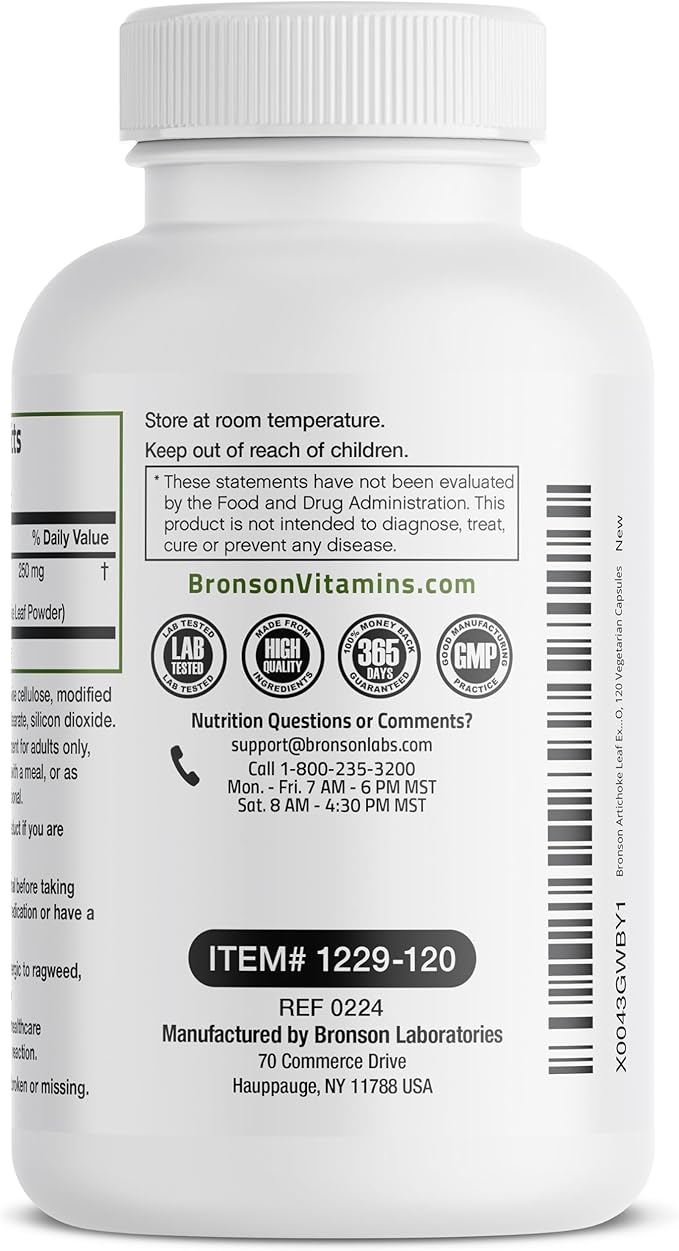 Bronson Artichoke Leaf Extract Extra Strength Supports Healthy Digestion Healthy Liver Function, Non-GMO, 120 Vegetarian Capsules