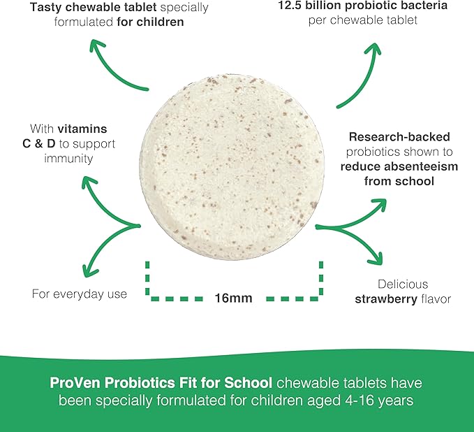 Probiotics Fit for School | 30 Tasty Strawberry Flavored Chewable Tablets | Designed for Childern Age 4-16 | 12.5 Billion CFUs Supports Immune System and Digestive Health
