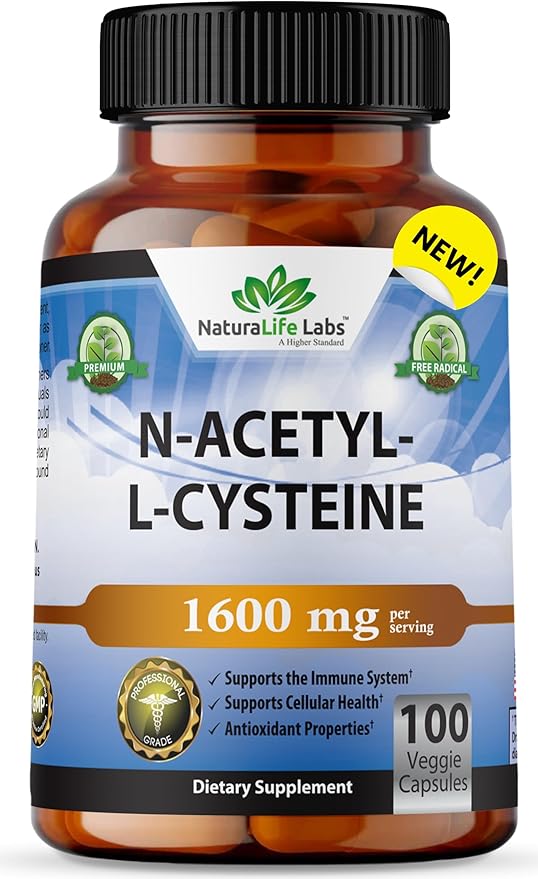 NaturaLife Labs N-Acetyl-L-Cysteine (NAC) 1600 mg Immune Support & Antioxidants*, Free-Radicals, Free Form, Exercise Performance - 100 Veggie Capsules