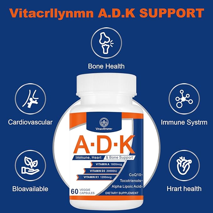 ADK Vitamin Supplement 20000 IU - High Potency Vitamins A, D3 and K1 for Heart, Bone Health and Immune Support Vitamin ADK 60 Capsules