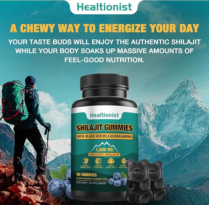 1 Packs 1000 MG Shilajit Supplement Gummies with 85+ Trace Minerals, Fulvic Acid, Pure Organic Shilajit Himalayan Gummy for Men & Women, Energy, Brain, Immunity Suport - 60 Counts