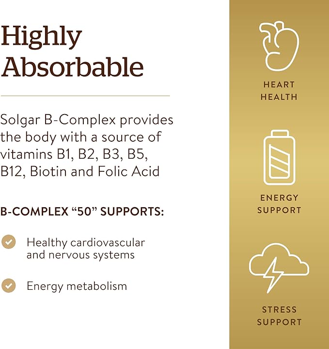 Solgar B-Complex “50”, 250 Vegetable Capsules - Energy Metabolism, Cardiovascular Support, Nervous System Support - Non-GMO, Vegan, Gluten Free, Dairy Free, Kosher, Halal - 250 Servings