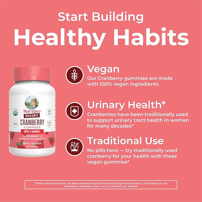 Organic Cranberry Gummies by MaryRuth's | 500mg Cranberry Supplement | Urinary Tract Health for Women | with D Mannose | Traditional Use | USDA Organic | Vegan | Non GMO | 30 Servings
