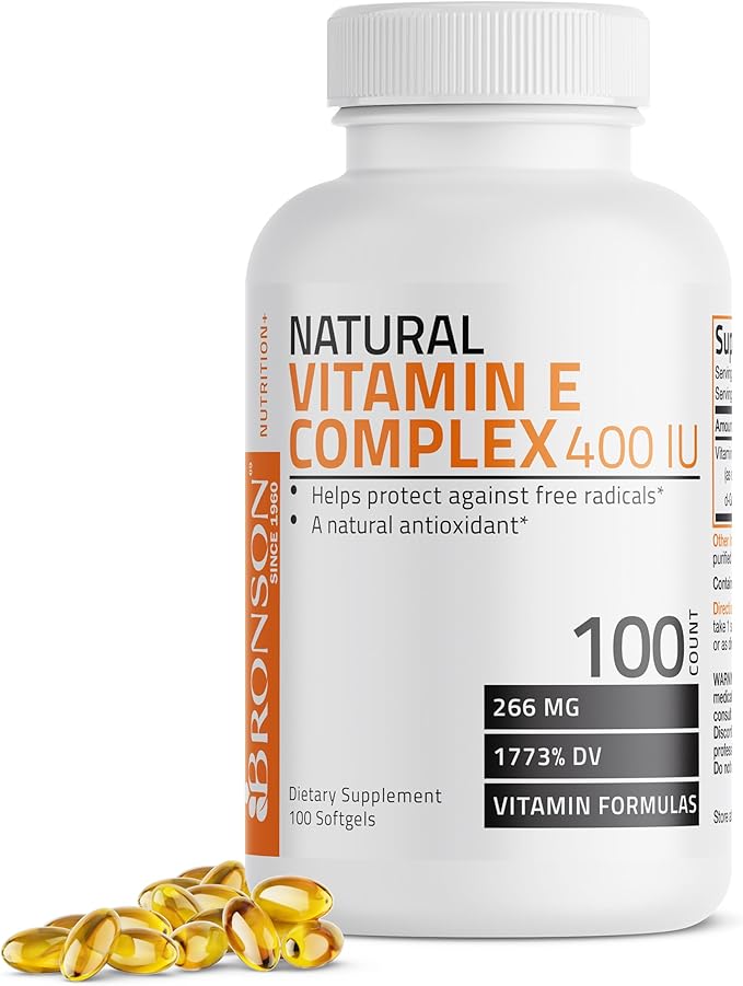 Bronson Natural Vitamin E Complex 400 I.U. Supplement (d-Alpha Tocopherol Plus d-Beta, d-Gamma, & d-Delta Tocopherols), Natural Antioxidant, 100 Softgels