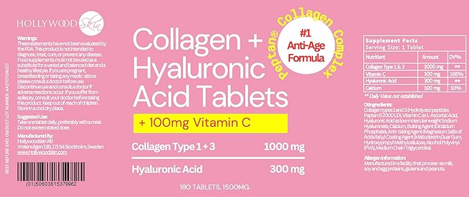 hollywoodskin Peptanยฎ Collagen Complex: for Ultimate Age-Defying Support. 1000mg Collagen Type 1 & 3, 300mg HA, 100mg Vitamin C. 1500mg x 180 Tablets. (6 Months Supply).