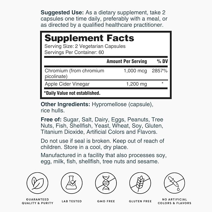 Nature's Lab Apple Cider Vinegar 1200mg with Chromium - 120 Capsules (60 Day Supply)