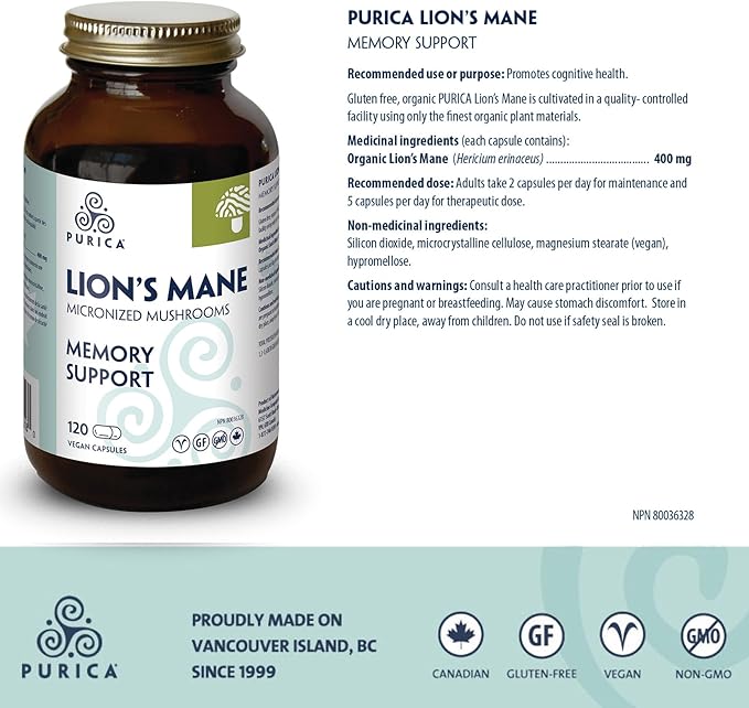 PURICA - Lion's Mane Micronized Mushrooms (120 Count (Pack of 1))