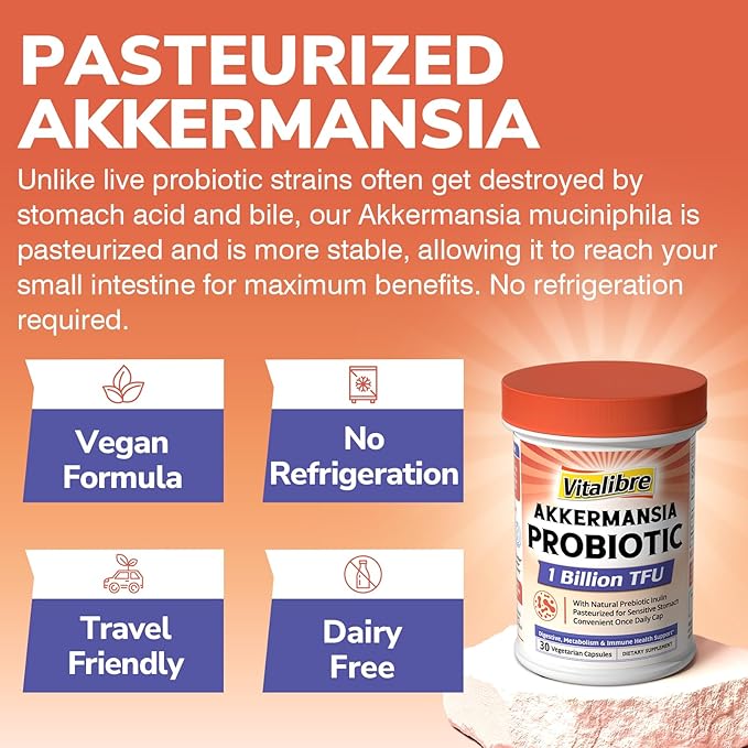 Akkermansia Muciniphila Probiotic 1 Billion TFU, w/Natural Prebiotic Inulin, Naturally Increases GLP-1, Healthy Digestion & Metabolism, Probiotic Supplement for Women & Men, 30 Capsules