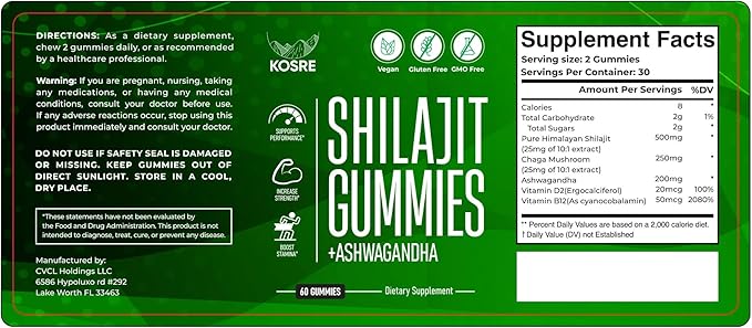 Premium Shilajit Gummies 2000MG – Pure Himalayan Shilajit with Ashwagandha, Chaga Mushroom, Vitamin D & B12 Natural Energy, Immune Support, 85+ Trace Minerals – Vegan, Non-GMO, 60 Gummies