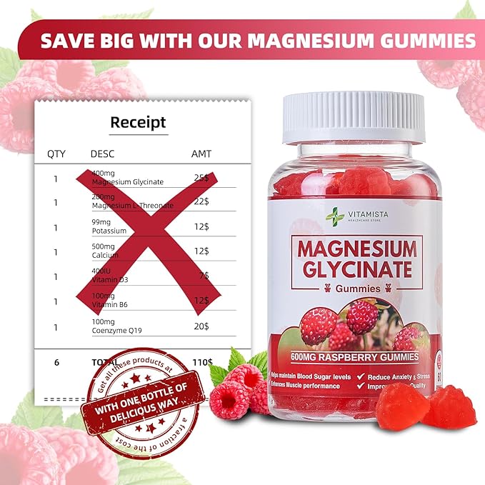 Magnesium Glycinate Gummies - 600mg Raspberry Flavor | Magnesium Glycinate Supplement for Stress Relief, Sleep, and Muscle Recovery | High Absorption Non-GMO, Perfect for Adults - 60 Count