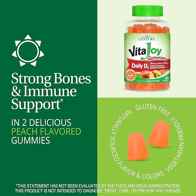 21st Century VitaJoy Daily Vitamin D3 50 mcg (2,000 IU) Gummies, Peach, 120 Count