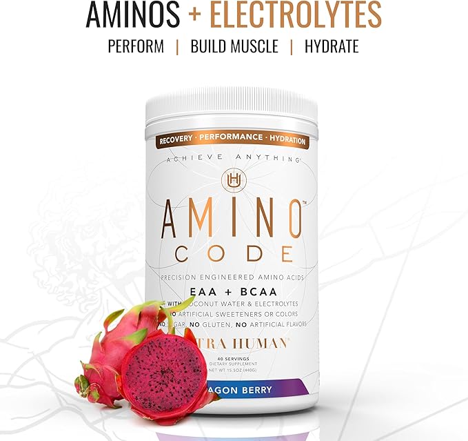 Amino Code | Essential Amino Acids + BCAAs + Coconut Water Electrolytes | Fast Hydration Workout Recovery Flavored Amino Energy Powder Drink | Clean Formula, 40 Servings - Dragonberry
