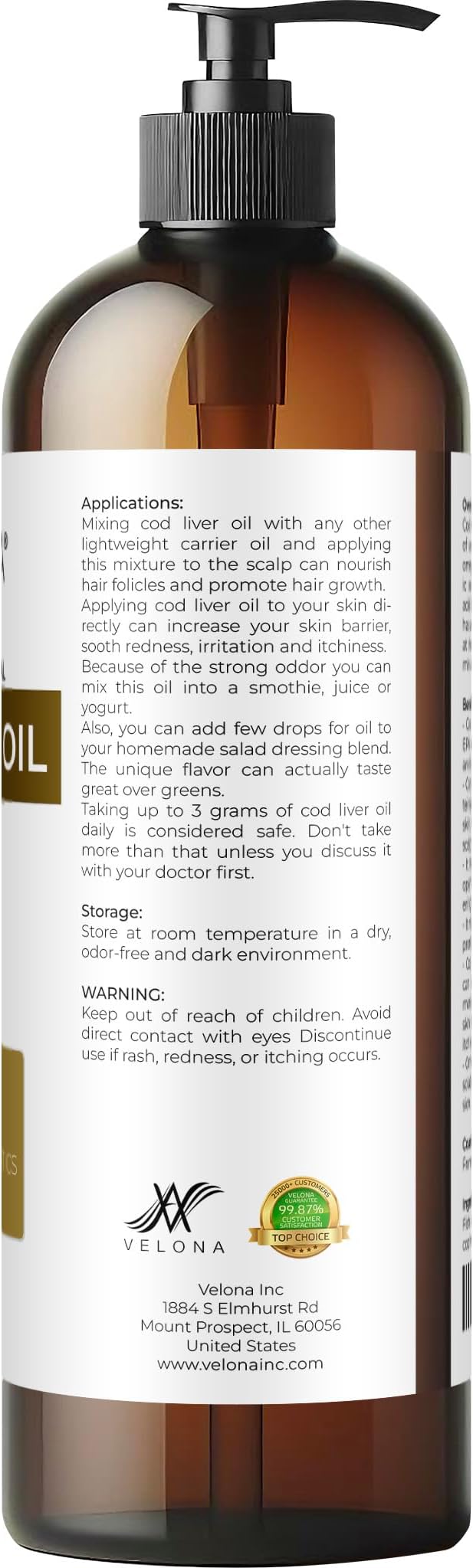 velona Cod Liver Oil - 16 Fl Oz | 1,000A/100D IU/g Omega 3 Vitamins A & D3 | Norwegian Arctic Sustainably Sourced Nordic Oil | Hair, Body and Skin Care | Use Today - Enjoy Results