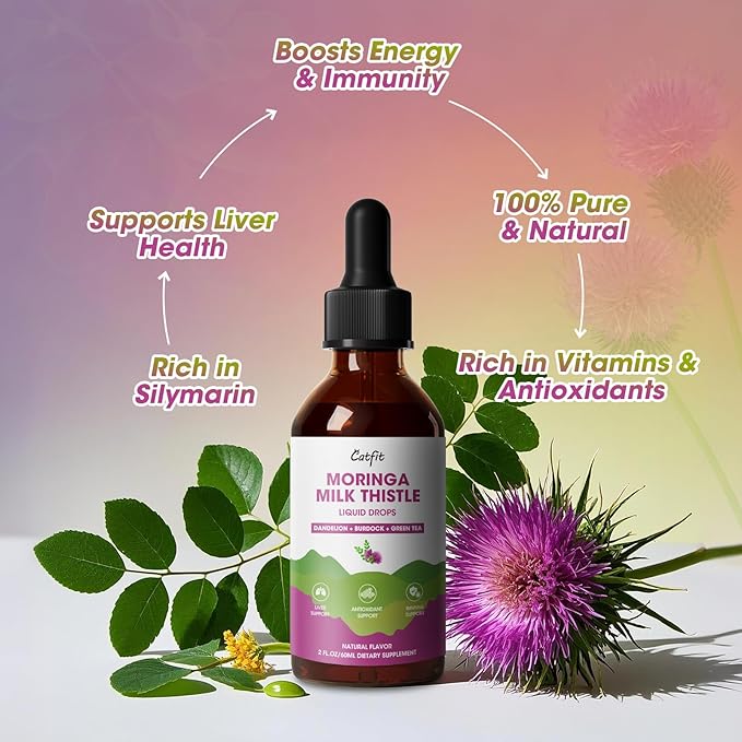 Moringa Milk Thistle Liquid Drops - Liver Health, Immune Support, Antioxidant Blend with Burdock, Green Tea & Dandelion - Moringa Capsules Alternative - Vegan, Natural Flavor,2 Fl Oz