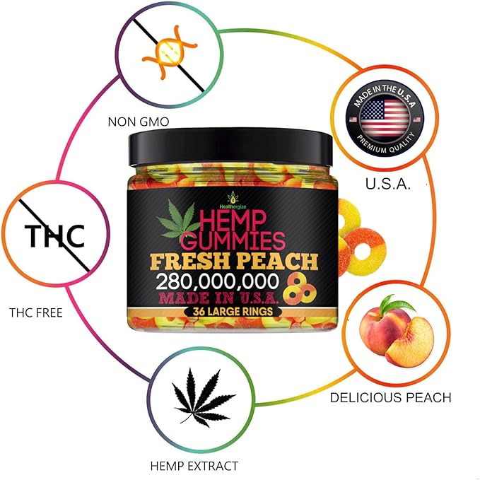 Hemp Gummies for Peace and Relaxation-High Potency Hemp Oil Gummys Peach-Fresh Full Flavor-Natural Hemp Edibles-for Back, Knees, Calm, Sleep, Discomfort-36 Large Rings-Made in USA