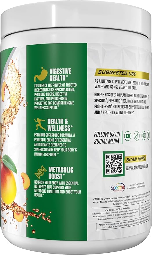 Alpha Greens Supplement | Fruit & Vegetable Superfood Powder | Over 40 Natural Plant Based Ingredients | Prebiotic & Probiotic Digestive Support Blend - 30 Servings (Peach Mango)