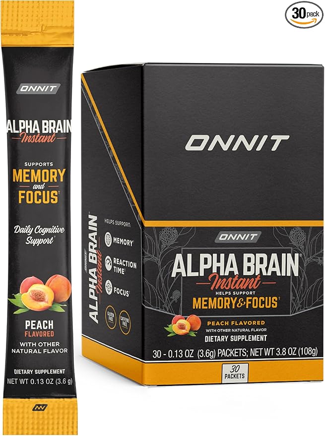 ONNIT Alpha Brain Instant Peach Flavor - Nootropic Brain Booster Memory Supplement - for Focus, Energy & Clarity - Alpha GPC Choline, Cats Claw, L-Theanine, Bacopa - 30ct