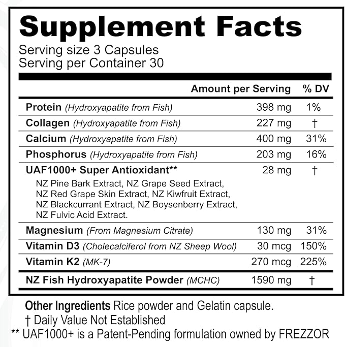FREZZOR Calcium Plus with UAF1000+, New Zealand Natural Raw Calcium Supplement for Bones, Teeth, Gut Health, & Cardiovascular Support, Phosphorus, Magnesium, Collagen, Selenium, 90 Capsules, 1 Bottle