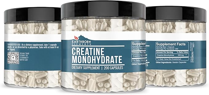 Earthborn Elements Creatine Monohydrate 200 Capsules, Pure & Undiluted, No Additives
