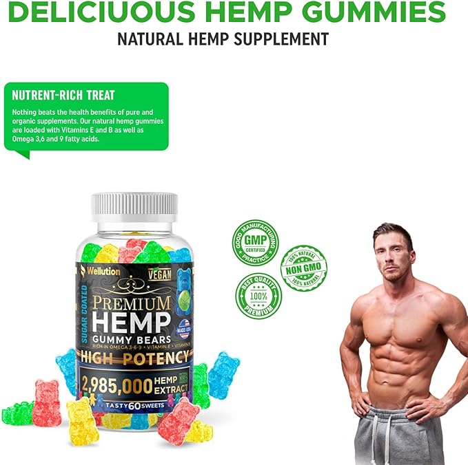 WELLUTION Sugar-Coated Hemp Gummies – High Potency 2,985,000 MCG – Natural Fruity Bears for Relaxation and Peace - Fast-Acting - 60ct