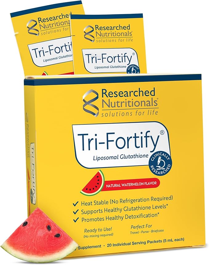 Researched Nutritionals Liposomal Glutathione (450mg) Liquid Gel + Vitamin C - Tri-Fortify - Aid Natural Energy, Immune Support & Detox - Clinically Researched for Absorption, Watermelon (20 Packets)