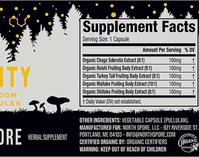 North Spore Immunity Mushroom Supplement Capsules | Organic Turkey Tail, Chaga, Reishi, Maitake, Shiitake Blend | Immune Functions & Balanced System Response | 100% Fruiting Body Extracts - 60ct