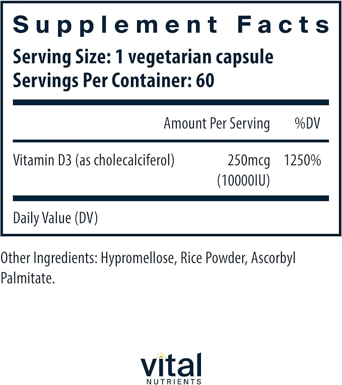 Vital Nutrients Vitamin D 10000 IU | Vitamin D3 Supplement | Healthy Bones, Teeth, Muscles*| Cellular & Immune Function | Calcium Absorption | Gluten, Dairy and Soy Free | 60 Capsules