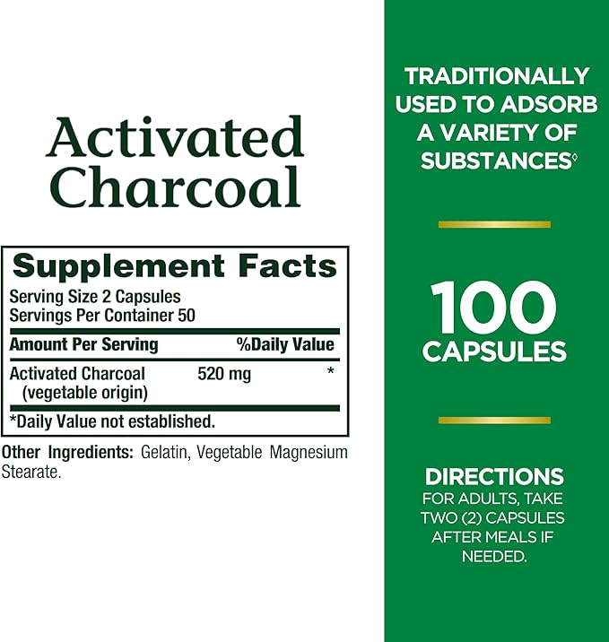Nature's Bounty Activated Charcoal 260 mg, 100 Capsules, Dietary Supplement to Support a Healthy Lifestyle