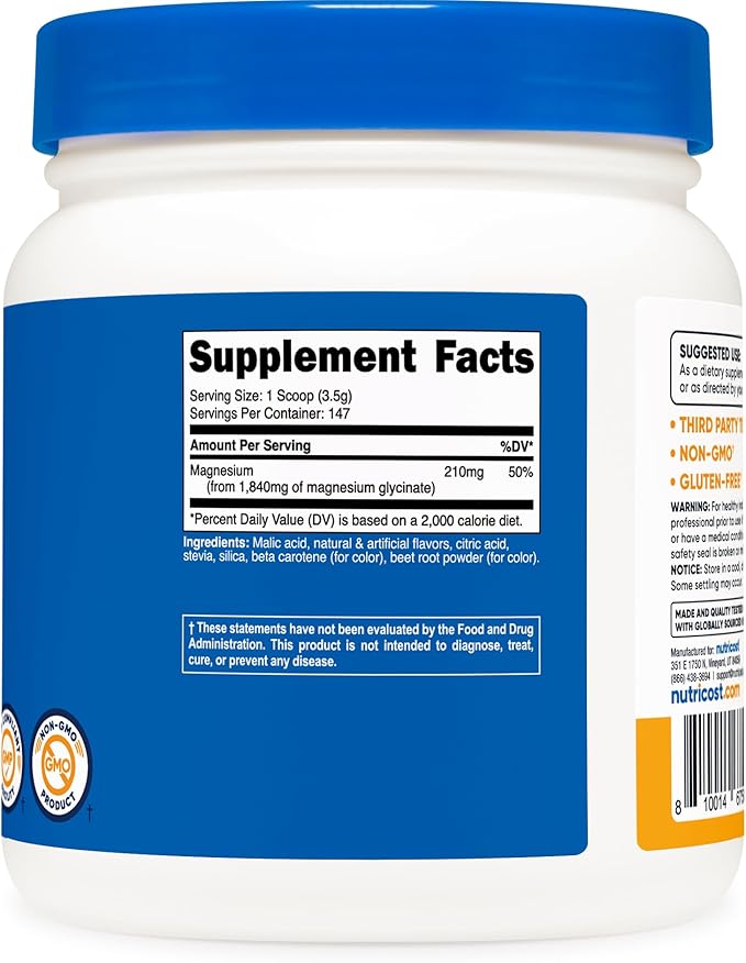 Nutricost Magnesium Glycinate Powder (Peach Mango, 500 Grams) - Chelated Magnesium (30%) Glycinate