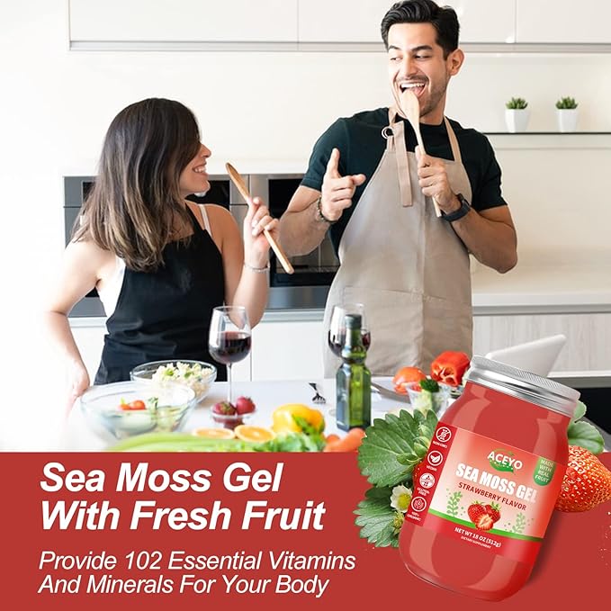 (18 OZ) Irish Sea Moss Gel Raw Vegan Strawberry Flavor 102 Vitamins and Minerals Wild Harvested Non-GMO Immune Defense Booster Thyroid Digestive Support