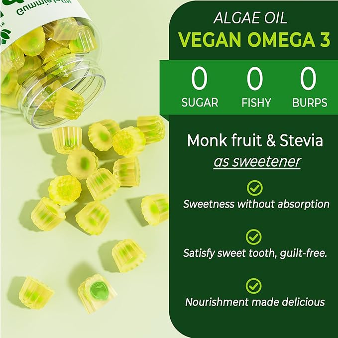 Vegan Omega 3 Supplement Gummies 1000mg for Women & Men, Omega 3 Fish Oil Alternative w/CoQ10, Astaxanthin, Vitamin A, E, D3 for Brain, Eye, Antioxidant - Algae DHA 640mg & EPA 290mg, Sugar Free 1Pack